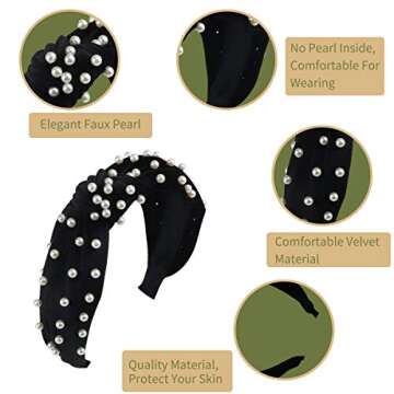 Greuame 3 Pack Wide Top Knot Pearls Headband with Elastic Hoop, Turban Hairband Velvet Hair Hoop Suitable for Women and Girls (Black/Beige/Gray)