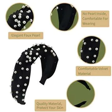 Greuame 3 Pack Wide Top Knot Pearls Headband with Elastic Hoop, Turban Hairband Velvet Hair Hoop Suitable for Women and Girls (Black/Beige/Gray)