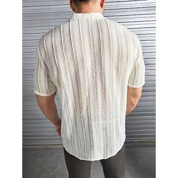 Floerns Men's Summer Crochet Knit Shirts Short Sleeve Button Down Shirt Hawaiian Shirt Vacation Beach Shirts