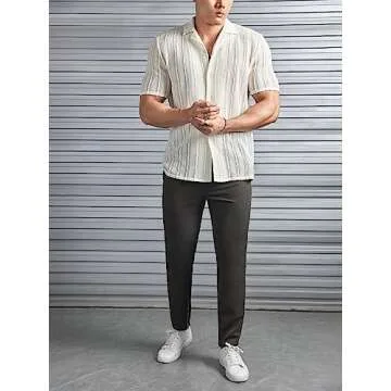 Floerns Men's Summer Crochet Knit Shirts Short Sleeve Button Down Shirt Hawaiian Shirt Vacation Beach Shirts