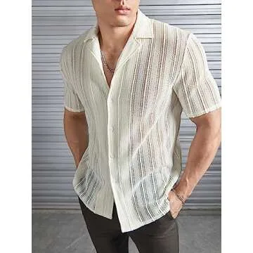 Floerns Men's Summer Crochet Knit Shirts Short Sleeve Button Down Shirt Hawaiian Shirt Vacation Beach Shirts
