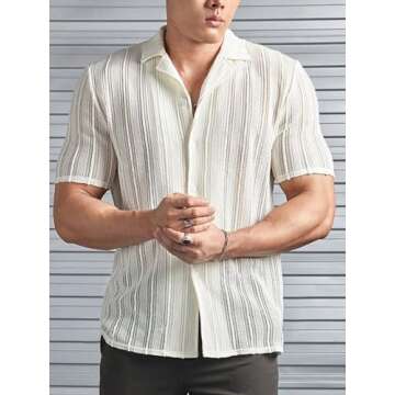 Floerns Men's Summer Crochet Knit Shirts Short Sleeve Button Down Shirt Hawaiian Shirt Vacation Beach Shirts