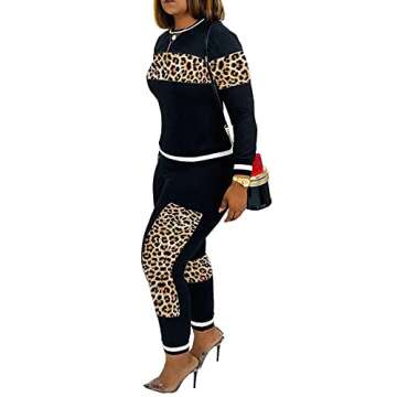 Alunzoem Womens Casual 2 Piece Outfits, Leopard Print Long Sleeve Top Pants Set Tracksuits Black M