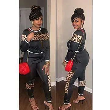 Alunzoem Womens Casual 2 Piece Outfits, Leopard Print Long Sleeve Top Pants Set Tracksuits Black M