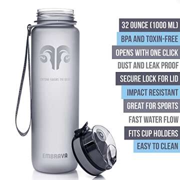 Embrava Best Sports Water Bottle - 32oz Large - Fast Flow, Flip Top Leak Proof Lid - Non-Toxic BPA Free - Safe & Eco-Friendly - Quart (1L) - No Straw, Clear with Strap and Filter - Gym & Workout Ready