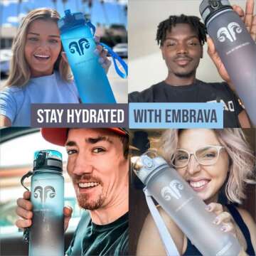 Embrava Best Sports Water Bottle - 32oz Large - Fast Flow, Flip Top Leak Proof Lid - Non-Toxic BPA Free - Safe & Eco-Friendly - Quart (1L) - No Straw, Clear with Strap and Filter - Gym & Workout Ready