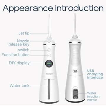 Nicefeel Portable Water Flosser Cordless Rechargeable Dental Cleaner Irrigator, with Gravity Ball, LCD Display, 300ml tank 6 Modes 4 Jet Tips, and IPX7 Water proof for Travel & Home & Braces