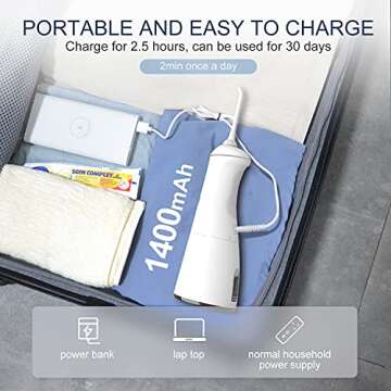 Nicefeel Portable Water Flosser Cordless Rechargeable Dental Cleaner Irrigator, with Gravity Ball, LCD Display, 300ml tank 6 Modes 4 Jet Tips, and IPX7 Water proof for Travel & Home & Braces