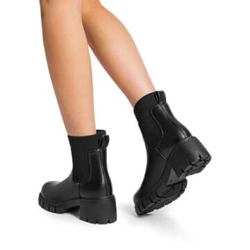 DREAM PAIRS Women's Elastic Chelsea Ankle Boots Fashion Low Chunky Heel Platform Lug Sole Short Booties Shoes,Size 7.5,Black,SDAB2312W