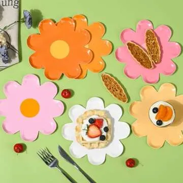AimFun Daisy Paper Plates Disposable Groovy Party Plates 7inch Flower Shaped Dessert Plates for Spring Birthday Baby Shower Wedding Bridal Party Decor Supplies (36, Mix Colors)