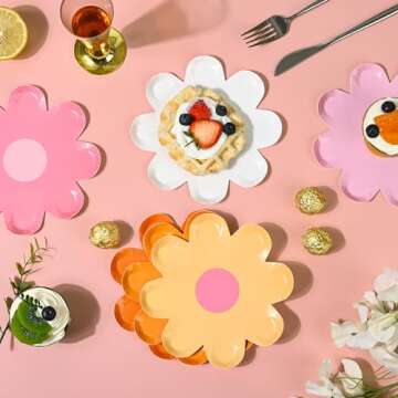 AimFun Daisy Paper Plates Disposable Groovy Party Plates 7inch Flower Shaped Dessert Plates for Spring Birthday Baby Shower Wedding Bridal Party Decor Supplies (36, Mix Colors)