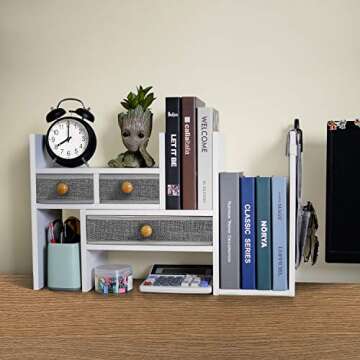 X-cosrack Wood Expandable Desktop Bookshelf - Adjustable with Drawers & Storage Organizer