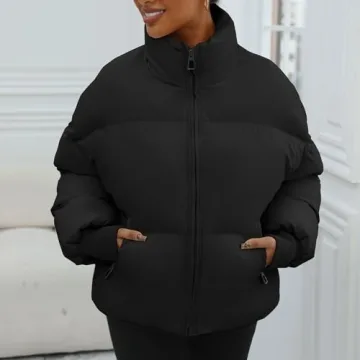 Dppiee Winter Puffer Jacket Women Cropped Baggy Down Coats Long Sleeves Zip Puffy Jackets