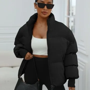 Dppiee Winter Puffer Jacket Women Cropped Baggy Down Coats Long Sleeves Zip Puffy Jackets