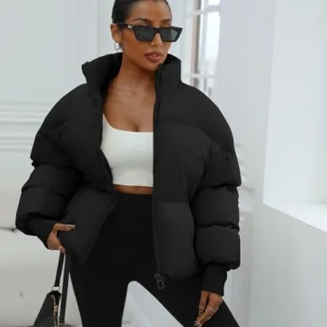 Dppiee Winter Puffer Jacket Women Cropped Baggy Down Coats Long Sleeves Zip Puffy Jackets