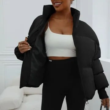 Dppiee Winter Puffer Jacket Women Cropped Baggy Down Coats Long Sleeves Zip Puffy Jackets