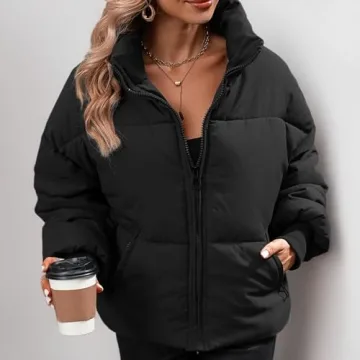 Dppiee Winter Puffer Jacket Women Cropped Baggy Down Coats Long Sleeves Zip Puffy Jackets