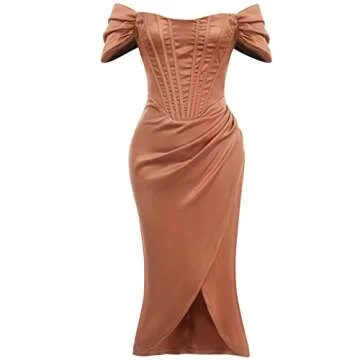 Women Satin Off Shoulder High Split Corset Dress Strapless High Slit Bodycon Ruched Cocktail Party Dress Midi Sexy Night Club Tube Dress Backless Slim Fit Formal Wedding Guest Evening Dress Brown M