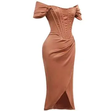 Women Satin Off Shoulder High Split Corset Dress Strapless High Slit Bodycon Ruched Cocktail Party Dress Midi Sexy Night Club Tube Dress Backless Slim Fit Formal Wedding Guest Evening Dress Brown M