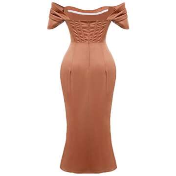 Women Satin Off Shoulder High Split Corset Dress Strapless High Slit Bodycon Ruched Cocktail Party Dress Midi Sexy Night Club Tube Dress Backless Slim Fit Formal Wedding Guest Evening Dress Brown M