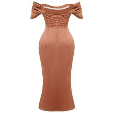 Women Satin Off Shoulder High Split Corset Dress Strapless High Slit Bodycon Ruched Cocktail Party Dress Midi Sexy Night Club Tube Dress Backless Slim Fit Formal Wedding Guest Evening Dress Brown M