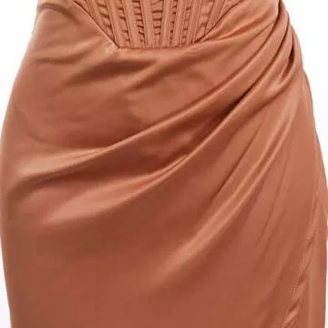 Women Satin Off Shoulder High Split Corset Dress Strapless High Slit Bodycon Ruched Cocktail Party Dress Midi Sexy Night Club Tube Dress Backless Slim Fit Formal Wedding Guest Evening Dress Brown M