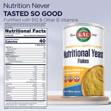 KAL Nutritional Yeast Flakes, Fortified with B12, Folic Acid & Other B Vitamins, Unsweetened, Great Nutty Flavor, Vegan & Gluten Free, 60-Day Money Back Guarantee, Made in the USA, 62 Servings, 22oz