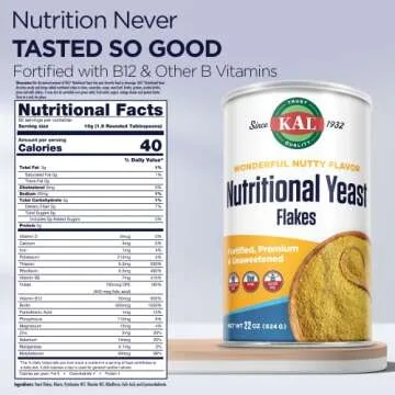 KAL Nutritional Yeast Flakes, Fortified with B12, Folic Acid & Other B Vitamins, Unsweetened, Great Nutty Flavor, Vegan & Gluten Free, 60-Day Money Back Guarantee, Made in the USA, 62 Servings, 22oz