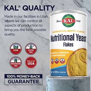 KAL Nutritional Yeast Flakes, Fortified with B12, Folic Acid & Other B Vitamins, Unsweetened, Great Nutty Flavor, Vegan & Gluten Free, 60-Day Money Back Guarantee, Made in the USA, 62 Servings, 22oz