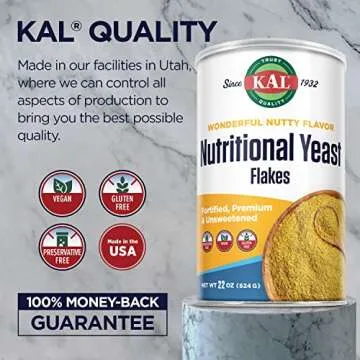 KAL Nutritional Yeast Flakes, Fortified with B12, Folic Acid & Other B Vitamins, Unsweetened, Great Nutty Flavor, Vegan & Gluten Free, 60-Day Money Back Guarantee, Made in the USA, 62 Servings, 22oz