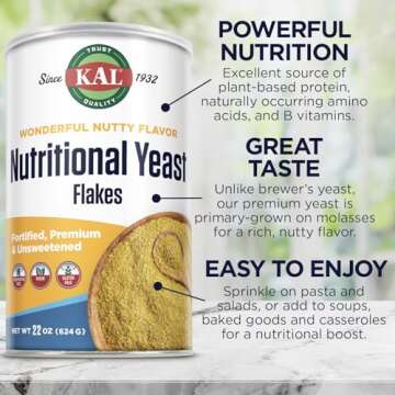 KAL Nutritional Yeast Flakes, Fortified with B12, Folic Acid & Other B Vitamins, Unsweetened, Great Nutty Flavor, Vegan & Gluten Free, 60-Day Money Back Guarantee, Made in the USA, 62 Servings, 22oz