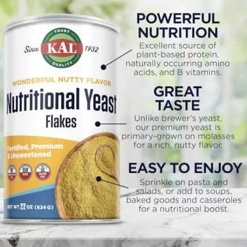 KAL Nutritional Yeast Flakes, Fortified with B12, Folic Acid & Other B Vitamins, Unsweetened, Great Nutty Flavor, Vegan & Gluten Free, 60-Day Money Back Guarantee, Made in the USA, 62 Servings, 22oz