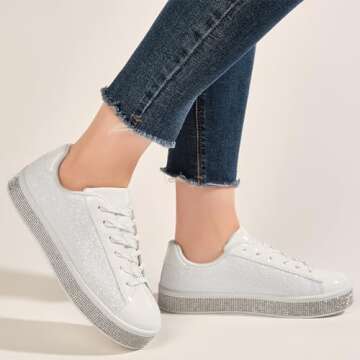 UUBARIS Women's Glitter Tennis Sneakers Neon Dressy Sparkly Sneakers Rhinestone Bling Wedding Bridal Shoes Shiny Sequin Shoes White Size 8.5