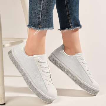 UUBARIS Women's Glitter Tennis Sneakers Neon Dressy Sparkly Sneakers Rhinestone Bling Wedding Bridal Shoes Shiny Sequin Shoes White Size 8.5