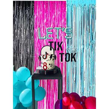 TIK Tok Birthday Decorations TIK TOK Party Photo Backdrop, TIK Tok Party Decorations Fuchsia Black Teal Foil Curtains for TIK Tok Party