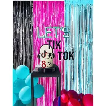 TIK Tok Birthday Decorations TIK TOK Party Photo Backdrop, TIK Tok Party Decorations Fuchsia Black Teal Foil Curtains for TIK Tok Party