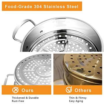 COSTWAY 3-Tier Steamer for Cooking, 11 Inch Stainless Steel Steamer Pot with Tempered Glass Lid, Handles on Both Sides, Includes 2 Steaming Septa, Dishwasher Safe, Ideal for Vegetable, Food, Kitchen