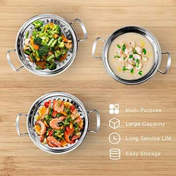 COSTWAY 3-Tier Steamer for Cooking, 11 Inch Stainless Steel Steamer Pot with Tempered Glass Lid, Handles on Both Sides, Includes 2 Steaming Septa, Dishwasher Safe, Ideal for Vegetable, Food, Kitchen