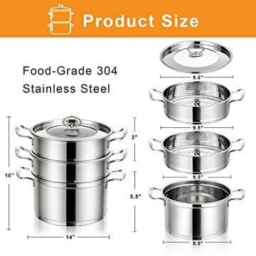 COSTWAY 3-Tier Steamer for Cooking, 11 Inch Stainless Steel Steamer Pot with Tempered Glass Lid, Handles on Both Sides, Includes 2 Steaming Septa, Dishwasher Safe, Ideal for Vegetable, Food, Kitchen