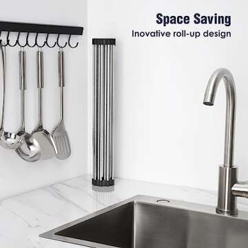 Tomorotec 17.7" x 15.5" Roll Up Dish Drying Rack Over Sink Drying Rack Sink Cover Kitchen Sink Accessories Gadget Multipurpose Organizer Foldable Stainless Steel Drainer