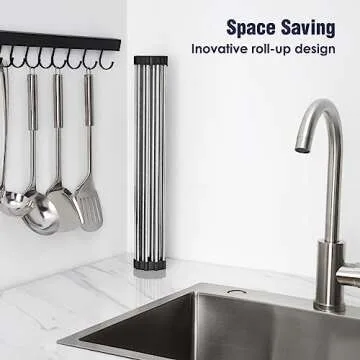 Tomorotec 17.7" x 15.5" Roll Up Dish Drying Rack Over Sink Drying Rack Sink Cover Kitchen Sink Accessories Gadget Multipurpose Organizer Foldable Stainless Steel Drainer