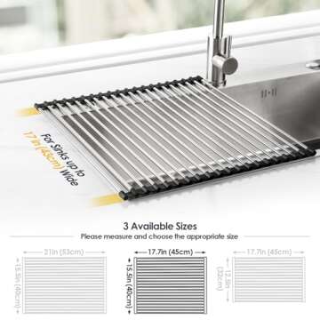 Tomorotec 17.7" x 15.5" Roll Up Dish Drying Rack Over Sink Drying Rack Sink Cover Kitchen Sink Accessories Gadget Multipurpose Organizer Foldable Stainless Steel Drainer