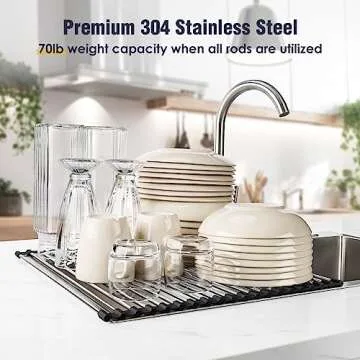 Tomorotec 17.7" x 15.5" Roll Up Dish Drying Rack Over Sink Drying Rack Sink Cover Kitchen Sink Accessories Gadget Multipurpose Organizer Foldable Stainless Steel Drainer