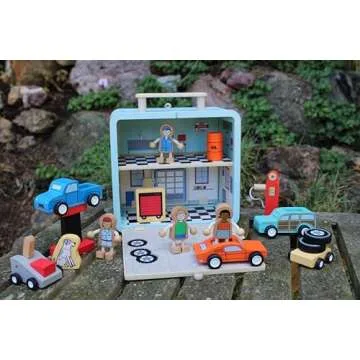 Jack Rabbit Creations Auto Garage Suitcase Playset 16 Eco-Friendly Wooden Figures- Travel Toys- Includes Mechanics, Cars, Lifts, Gas Pump, Oil, Lifts and Tires- Boys and Girls 3+