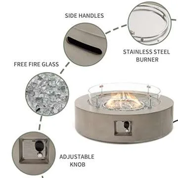 COSIEST Outdoor Propane Fire Pit Coffee Table w Gray 40.5-inch Round Base Patio Heater, 50,000 BTU Stainless Steel Burner, Wind Guard, Transparent Gray Fire Glass, Rain Cover
