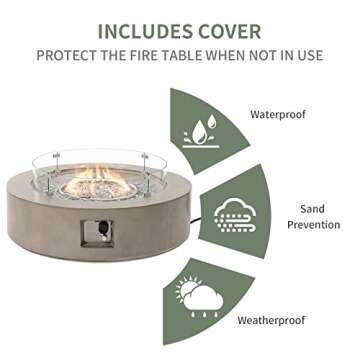 COSIEST Outdoor Propane Fire Pit Coffee Table w Gray 40.5-inch Round Base Patio Heater, 50,000 BTU Stainless Steel Burner, Wind Guard, Transparent Gray Fire Glass, Rain Cover