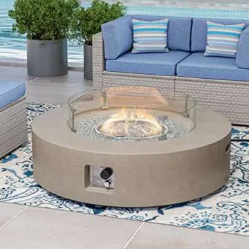 COSIEST Outdoor Propane Fire Pit Coffee Table w Gray 40.5-inch Round Base Patio Heater, 50,000 BTU Stainless Steel Burner, Wind Guard, Transparent Gray Fire Glass, Rain Cover