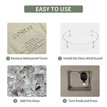 COSIEST Outdoor Propane Fire Pit Coffee Table w Gray 40.5-inch Round Base Patio Heater, 50,000 BTU Stainless Steel Burner, Wind Guard, Transparent Gray Fire Glass, Rain Cover