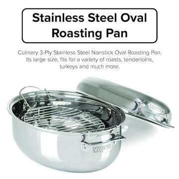 Viking Culinary 3-Ply Stainless Steel Oval Roasting Pan, 8.5 Quart, Includes Metal Induction Lid and Rack, Dishwasher, Oven Safe, Works on All Cooktops including Induction