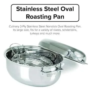 Viking Culinary 3-Ply Stainless Steel Oval Roasting Pan, 8.5 Quart, Includes Metal Induction Lid and Rack, Dishwasher, Oven Safe, Works on All Cooktops including Induction